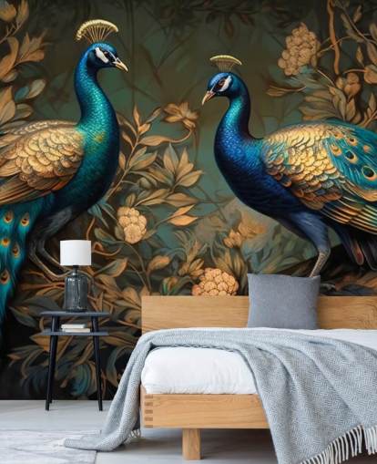 mural de papel pintado de pavo real verde, azul y dorado llamado Pavos reales verdes y dorados para dormitorios y salas de estar mural de papel pintado de pavo real verde, azul y dorado llamado Pavos reales verdes y dorados para dormitorios y salas de estar