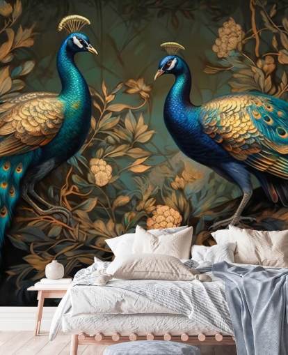 mural de papel pintado de pavo real verde, azul y dorado llamado Pavos reales verdes y dorados para dormitorios y salas de estar