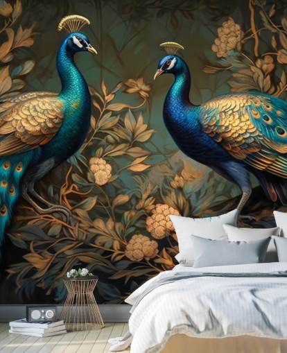 green, blue and gold peacock wallpaper mural called Green and Gold Peacocks for bedrooms and living rooms