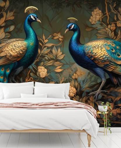 green, blue and gold peacock wallpaper mural called Green and Gold Peacocks for bedrooms and living rooms