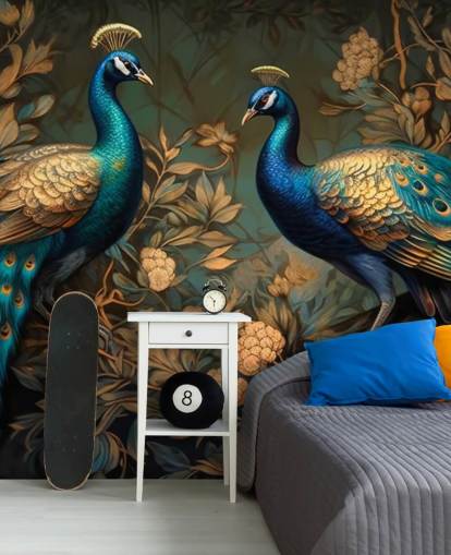 green, blue and gold peacock wallpaper mural called Green and Gold Peacocks for bedrooms and living rooms