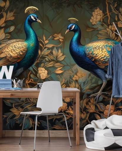 carta da parati murale con pavone verde, blu e oro chiamato Green and Gold Peacocks per camere da letto e salotti