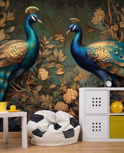 mural de papel pintado de pavo real verde, azul y dorado llamado Pavos reales verdes y dorados para dormitorios y salas de estar