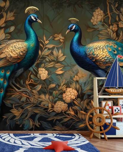 papier peint mural de paon vert, bleu et or appelé Green and Gold Peacocks pour les chambres et les salons papier peint mural de paon vert, bleu et or appelé Green and Gold Peacocks pour les chambres et les salons