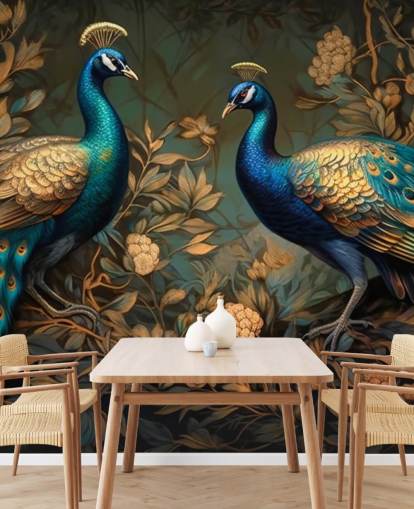 mural de papel pintado de pavo real verde, azul y dorado llamado Pavos reales verdes y dorados para dormitorios y salas de estar