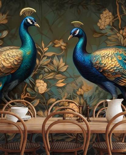 mural de papel pintado de pavo real verde, azul y dorado llamado Pavos reales verdes y dorados para dormitorios y salas de estar