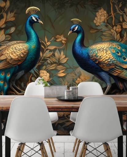 green, blue and gold peacock wallpaper mural called Green and Gold Peacocks for bedrooms and living rooms green, blue and gold peacock wallpaper mural called Green and Gold Peacocks for bedrooms and living rooms