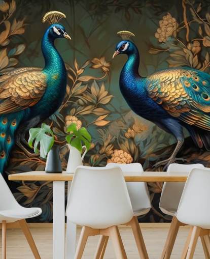 grön, blå och guld påfågel tapetväggmålning kallad Green and Gold Peacocks för sovrum och vardagsrum