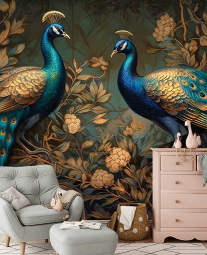 green, blue and gold peacock wallpaper mural called Green and Gold Peacocks for bedrooms and living rooms
