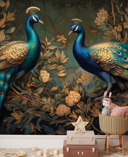groene, blauwe en gouden pauw behangmuurschildering genaamd Green and Gold Peacocks voor slaapkamers en woonkamers