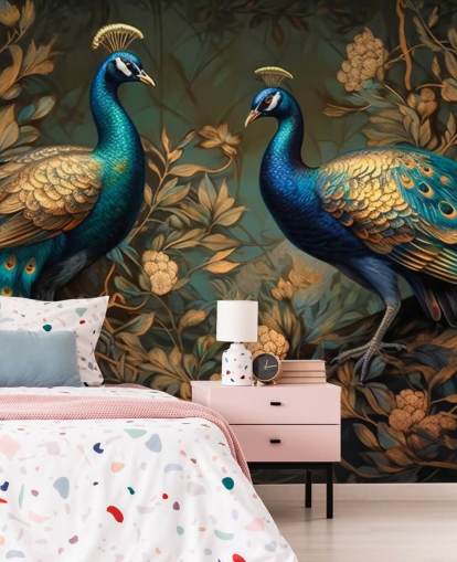 carta da parati murale con pavone verde, blu e oro chiamato Green and Gold Peacocks per camere da letto e salotti carta da parati murale con pavone verde, blu e oro chiamato Green and Gold Peacocks per camere da letto e salotti