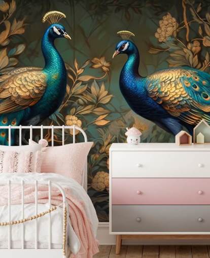 mural de papel de parede de pavão verde, azul e dourado chamado Green and Gold Peacocks para quartos e salas de estar