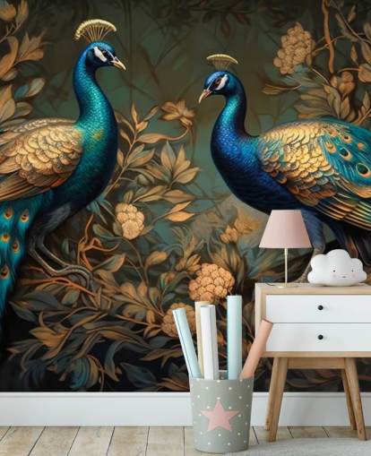 grøn, blå og guld påfugl tapetmaleri kaldet Green and Gold Peacocks til soveværelser og stuer grøn, blå og guld påfugl tapetmaleri kaldet Green and Gold Peacocks til soveværelser og stuer