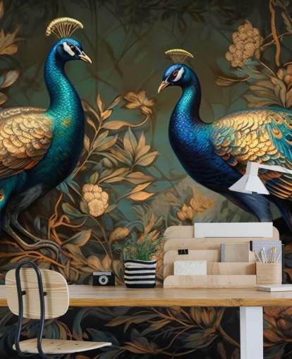 mural de papel pintado de pavo real verde, azul y dorado llamado Pavos reales verdes y dorados para dormitorios y salas de estar mural de papel pintado de pavo real verde, azul y dorado llamado Pavos reales verdes y dorados para dormitorios y salas de estar