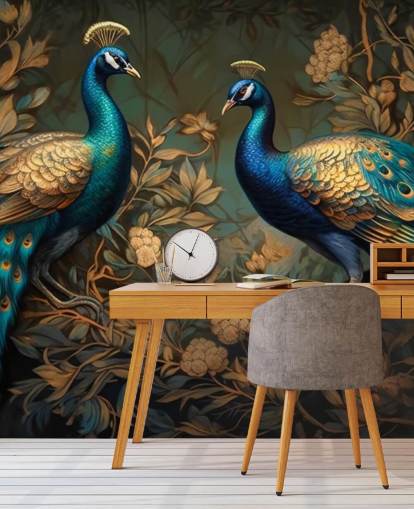 carta da parati murale con pavone verde, blu e oro chiamato Green and Gold Peacocks per camere da letto e salotti