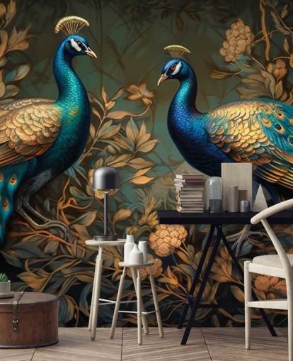 mural de papel de parede de pavão verde, azul e dourado chamado Green and Gold Peacocks para quartos e salas de estar mural de papel de parede de pavão verde, azul e dourado chamado Green and Gold Peacocks para quartos e salas de estar