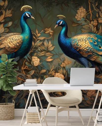 green, blue and gold peacock wallpaper mural called Green and Gold Peacocks for bedrooms and living rooms green, blue and gold peacock wallpaper mural called Green and Gold Peacocks for bedrooms and living rooms
