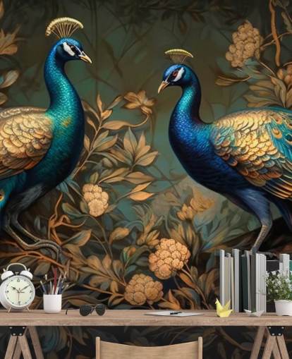 green, blue and gold peacock wallpaper mural called Green and Gold Peacocks for bedrooms and living rooms