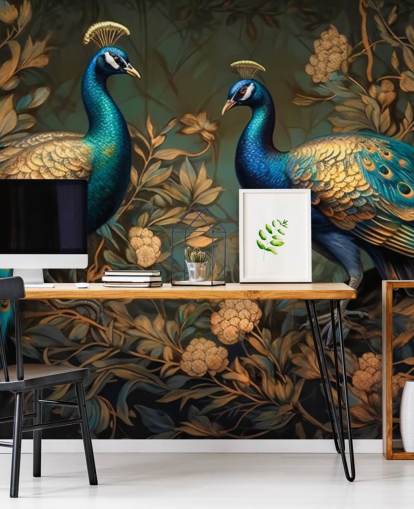 papier peint mural de paon vert, bleu et or appelé Green and Gold Peacocks pour les chambres et les salons