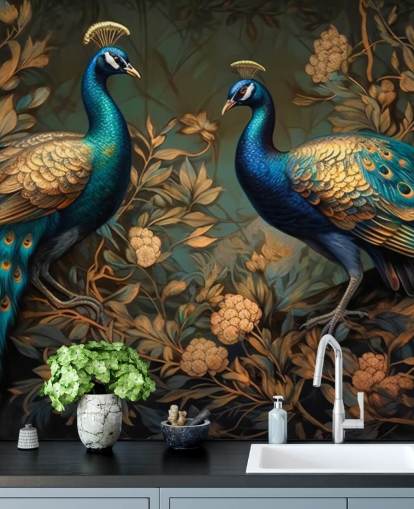 carta da parati murale con pavone verde, blu e oro chiamato Green and Gold Peacocks per camere da letto e salotti