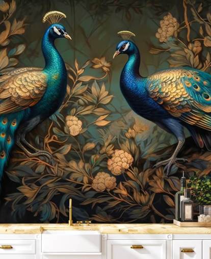 mural de papel pintado de pavo real verde, azul y dorado llamado Pavos reales verdes y dorados para dormitorios y salas de estar
