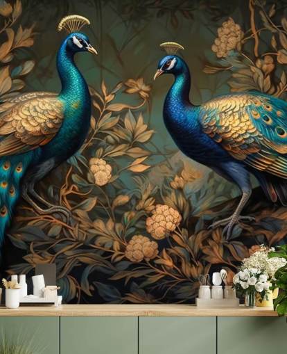 grønn, blå og gull påfugl tapetmaleri kalt Green and Gold Peacocks for soverom og stuer