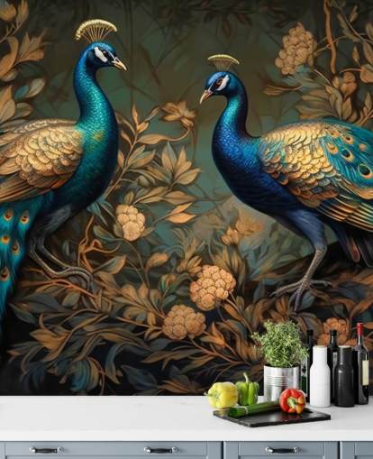 green, blue and gold peacock wallpaper mural called Green and Gold Peacocks for bedrooms and living rooms green, blue and gold peacock wallpaper mural called Green and Gold Peacocks for bedrooms and living rooms