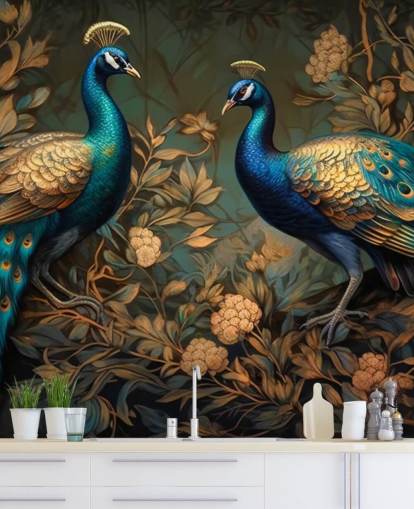 mural de papel pintado de pavo real verde, azul y dorado llamado Pavos reales verdes y dorados para dormitorios y salas de estar