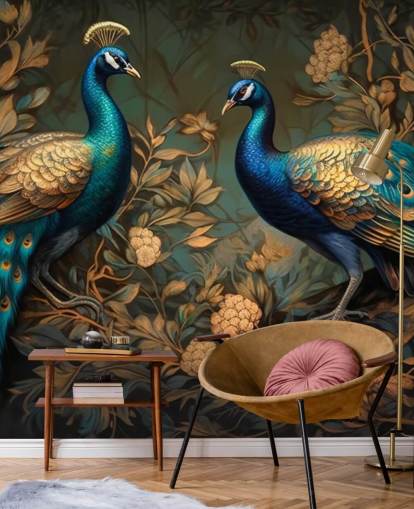 mural de papel pintado de pavo real verde, azul y dorado llamado Pavos reales verdes y dorados para dormitorios y salas de estar