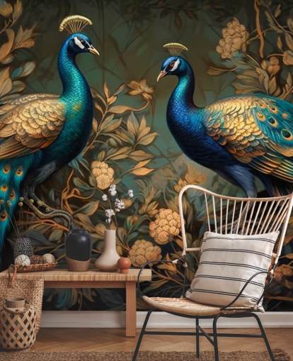 grüne, blaue und goldene Pfauentapete mit dem Titel Green and Gold Peacocks für Schlafzimmer und Wohnzimmer