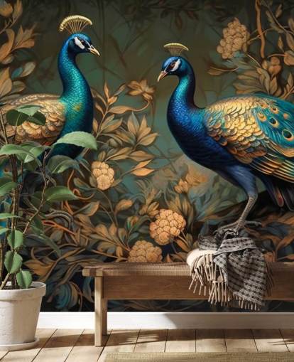 green, blue and gold peacock wallpaper mural called Green and Gold Peacocks for bedrooms and living rooms
