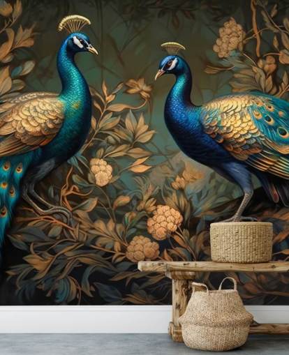 carta da parati murale con pavone verde, blu e oro chiamato Green and Gold Peacocks per camere da letto e salotti carta da parati murale con pavone verde, blu e oro chiamato Green and Gold Peacocks per camere da letto e salotti