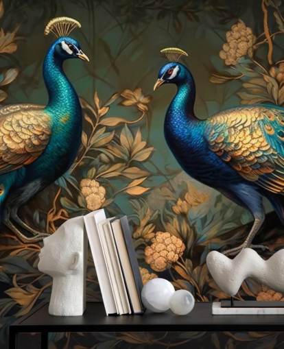 mural de papel pintado de pavo real verde, azul y dorado llamado Pavos reales verdes y dorados para dormitorios y salas de estar