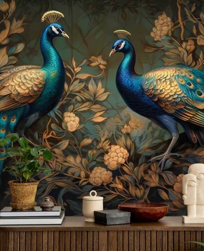 grønn, blå og gull påfugl tapetmaleri kalt Green and Gold Peacocks for soverom og stuer