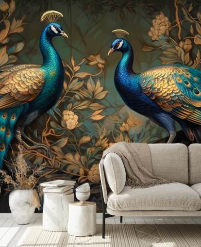 carta da parati murale con pavone verde, blu e oro chiamato Green and Gold Peacocks per camere da letto e salotti