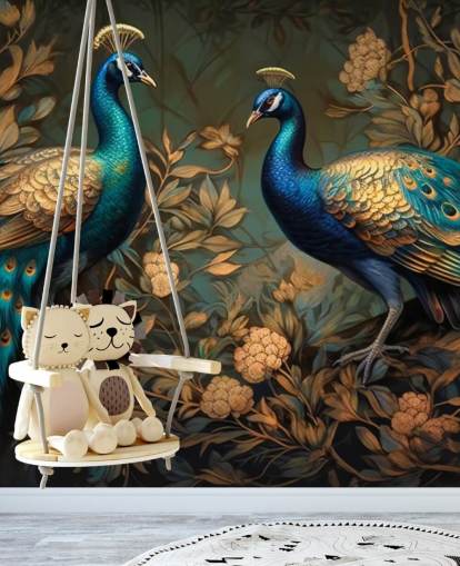 grønn, blå og gull påfugl tapetmaleri kalt Green and Gold Peacocks for soverom og stuer
