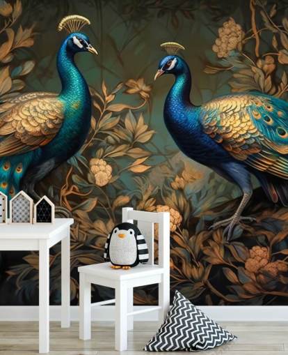 grøn, blå og guld påfugl tapetmaleri kaldet Green and Gold Peacocks til soveværelser og stuer