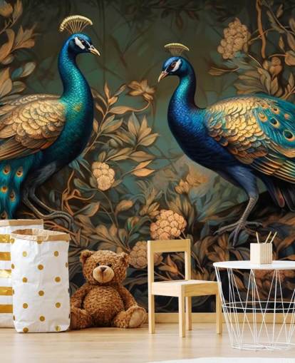 green, blue and gold peacock wallpaper mural called Green and Gold Peacocks for bedrooms and living rooms green, blue and gold peacock wallpaper mural called Green and Gold Peacocks for bedrooms and living rooms