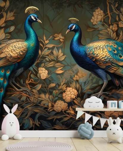 grön, blå och guld påfågel tapetväggmålning kallad Green and Gold Peacocks för sovrum och vardagsrum