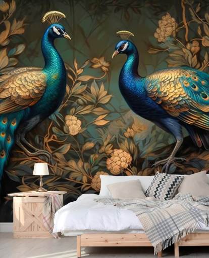 green, blue and gold peacock wallpaper mural called Green and Gold Peacocks for bedrooms and living rooms