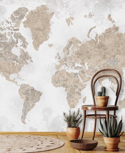 world map mural in neutral colours