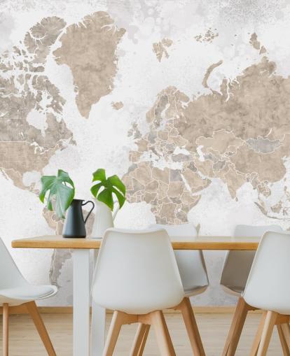 world map mural in neutral colors