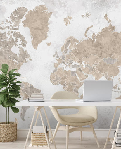 world map mural in neutral colours