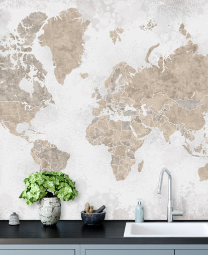 world map mural in neutral colors