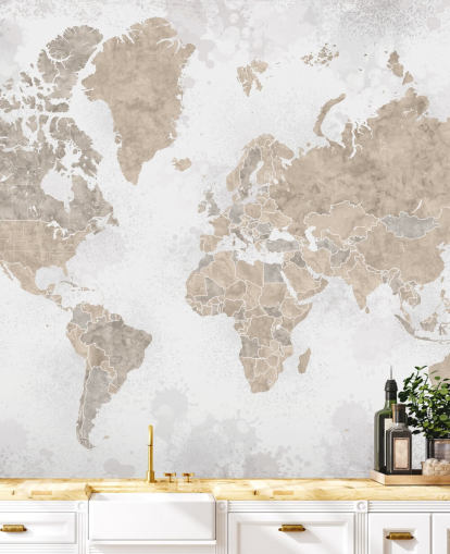 world map mural in neutral colors