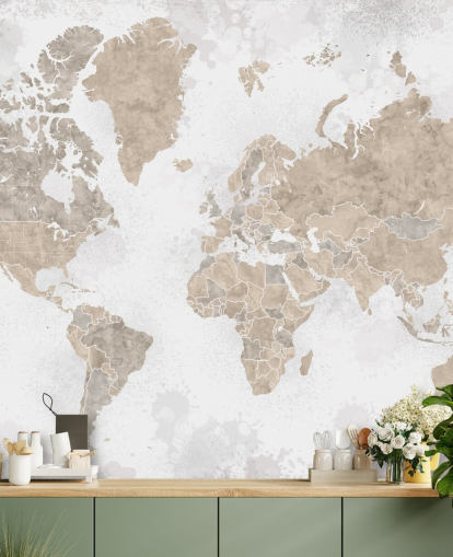 world map mural in neutral colours