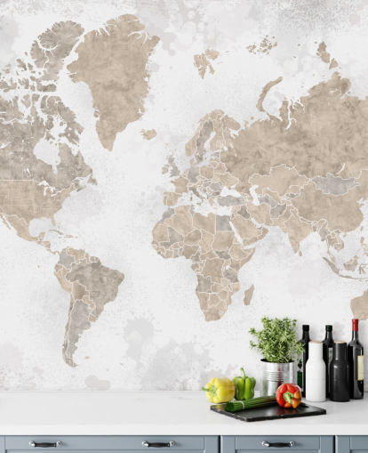 world map mural in neutral colors