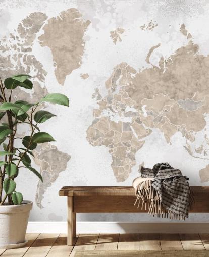 world map mural in neutral colours