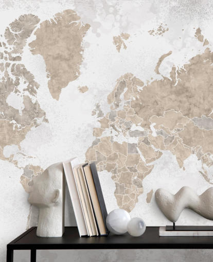 world map mural in neutral colours