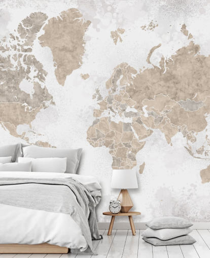 world map mural in neutral colours